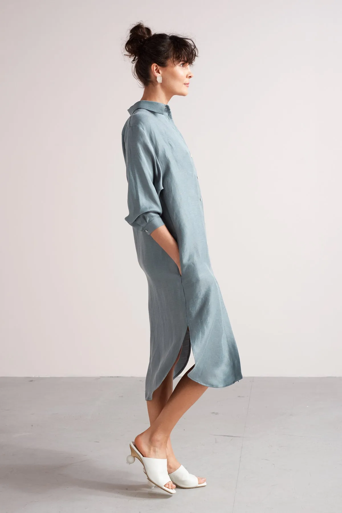 ANRI midi linen cupro shirt dress in dusty blue