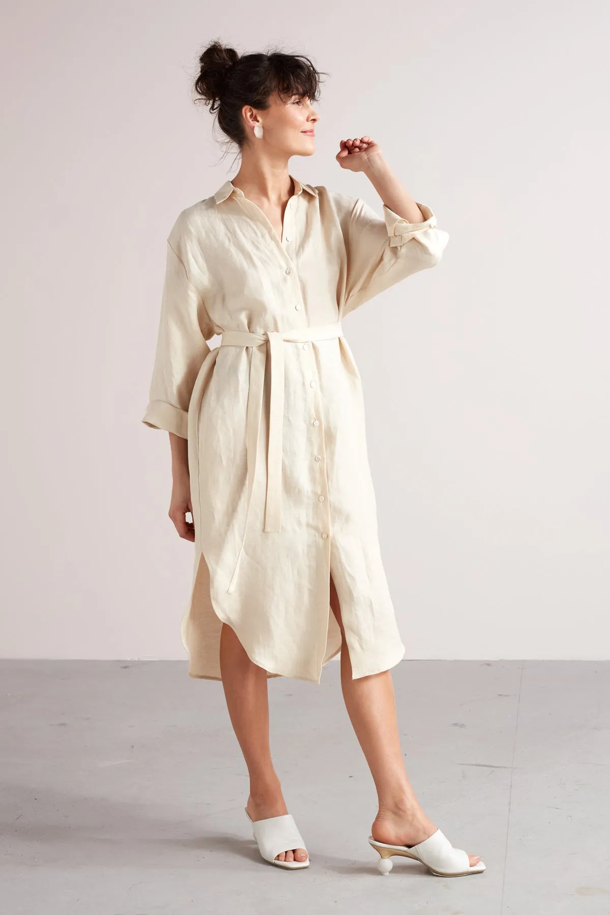 ANRI midi linen cupro shirt dress in light cream