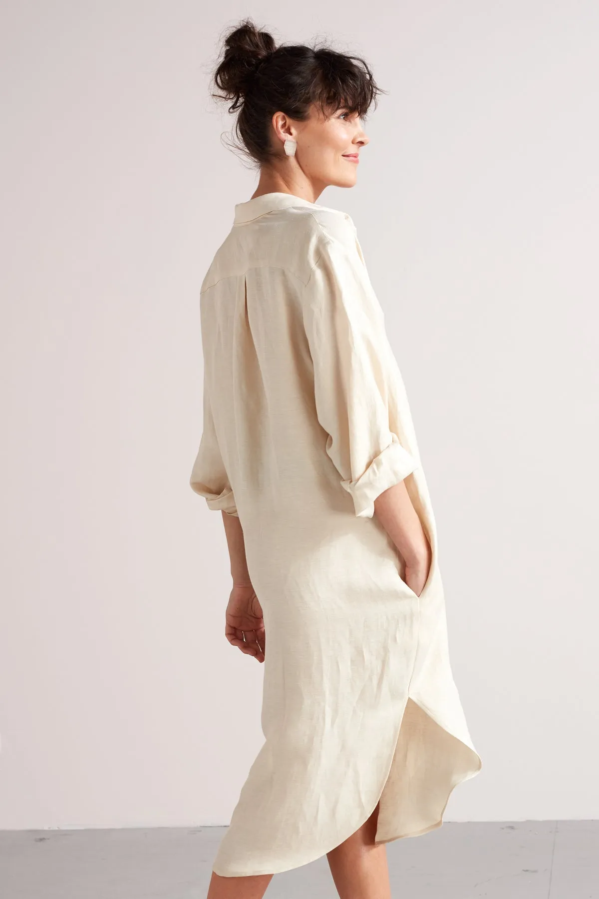 ANRI midi linen cupro shirt dress in light cream