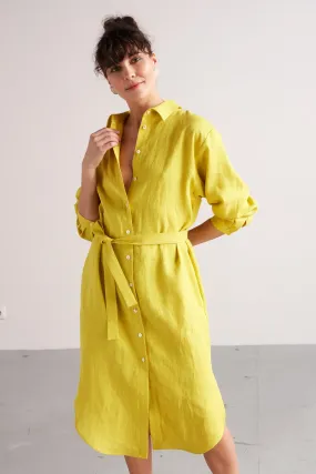 ANRI midi linen shirt dress in lemon yellow