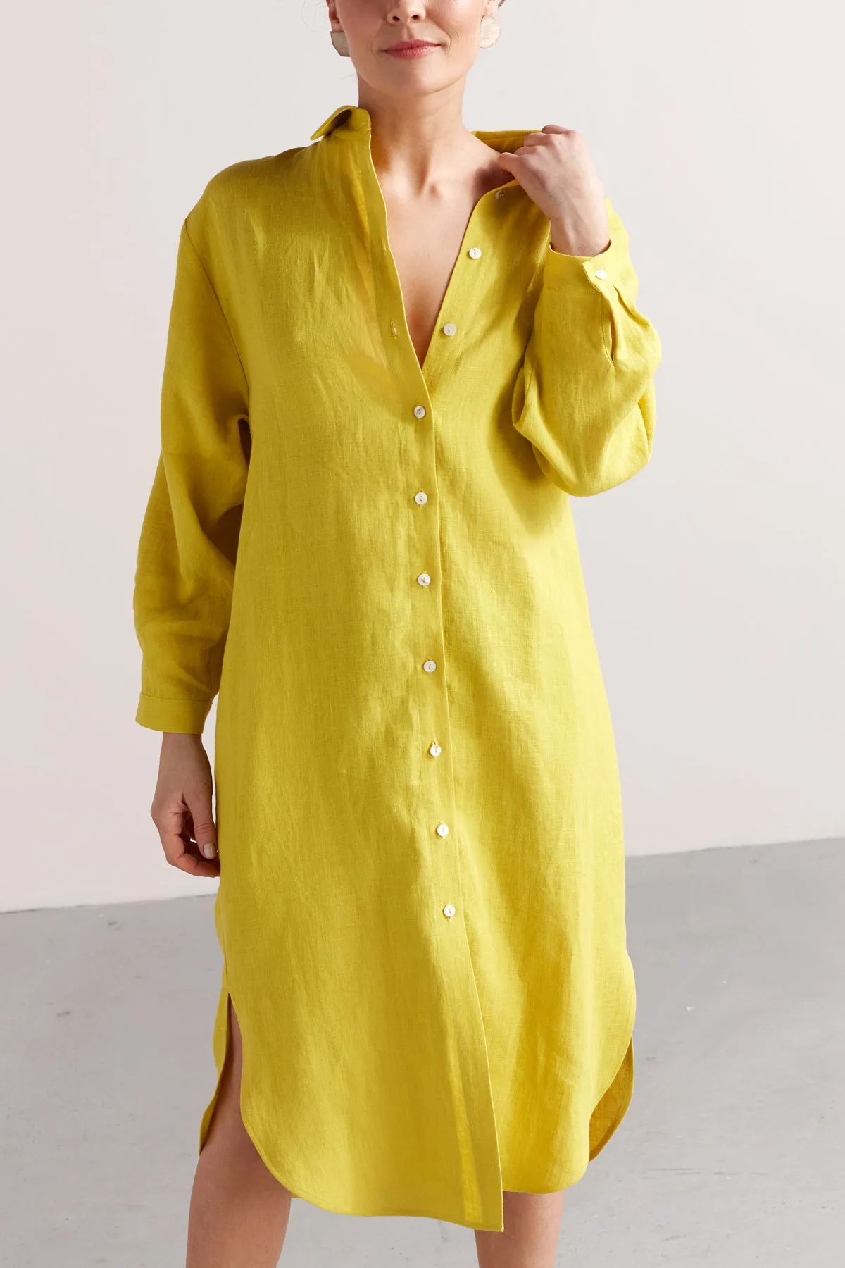 ANRI midi linen shirt dress in lemon yellow
