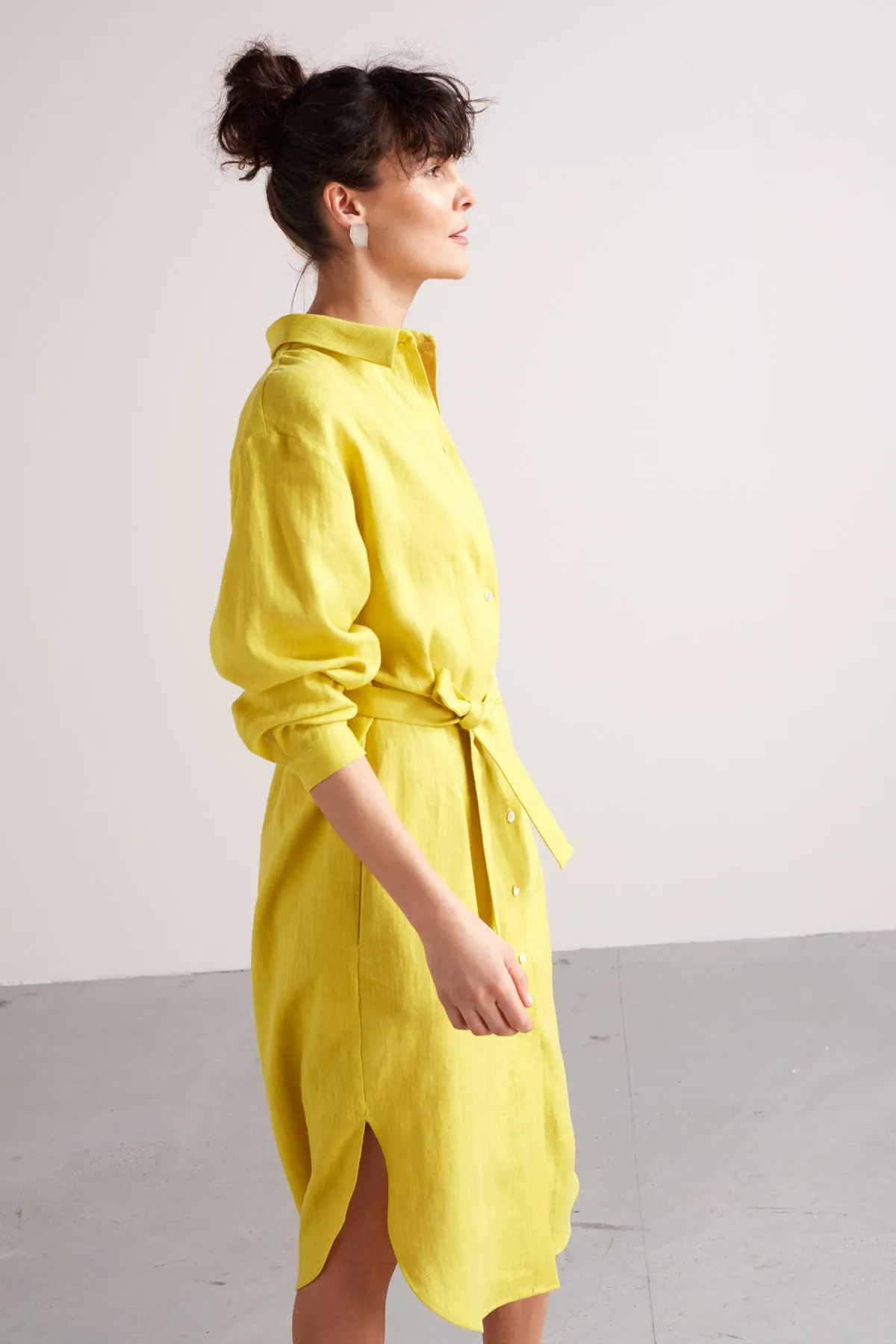 ANRI midi linen shirt dress in lemon yellow