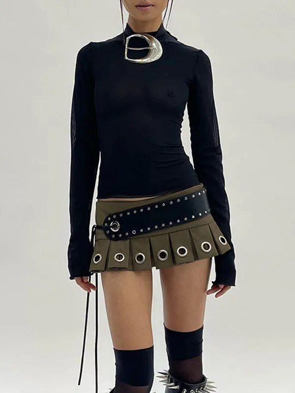 Belted Eyelet Metal Pleated Mini Skirt