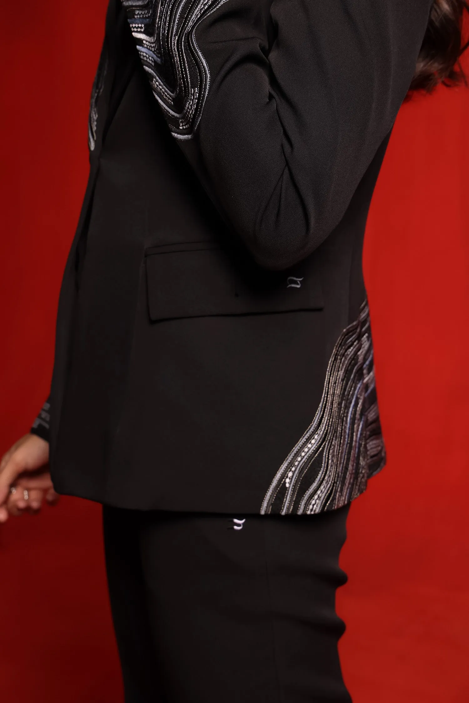 Black Wave Embroidered Blazer with Top and Pants