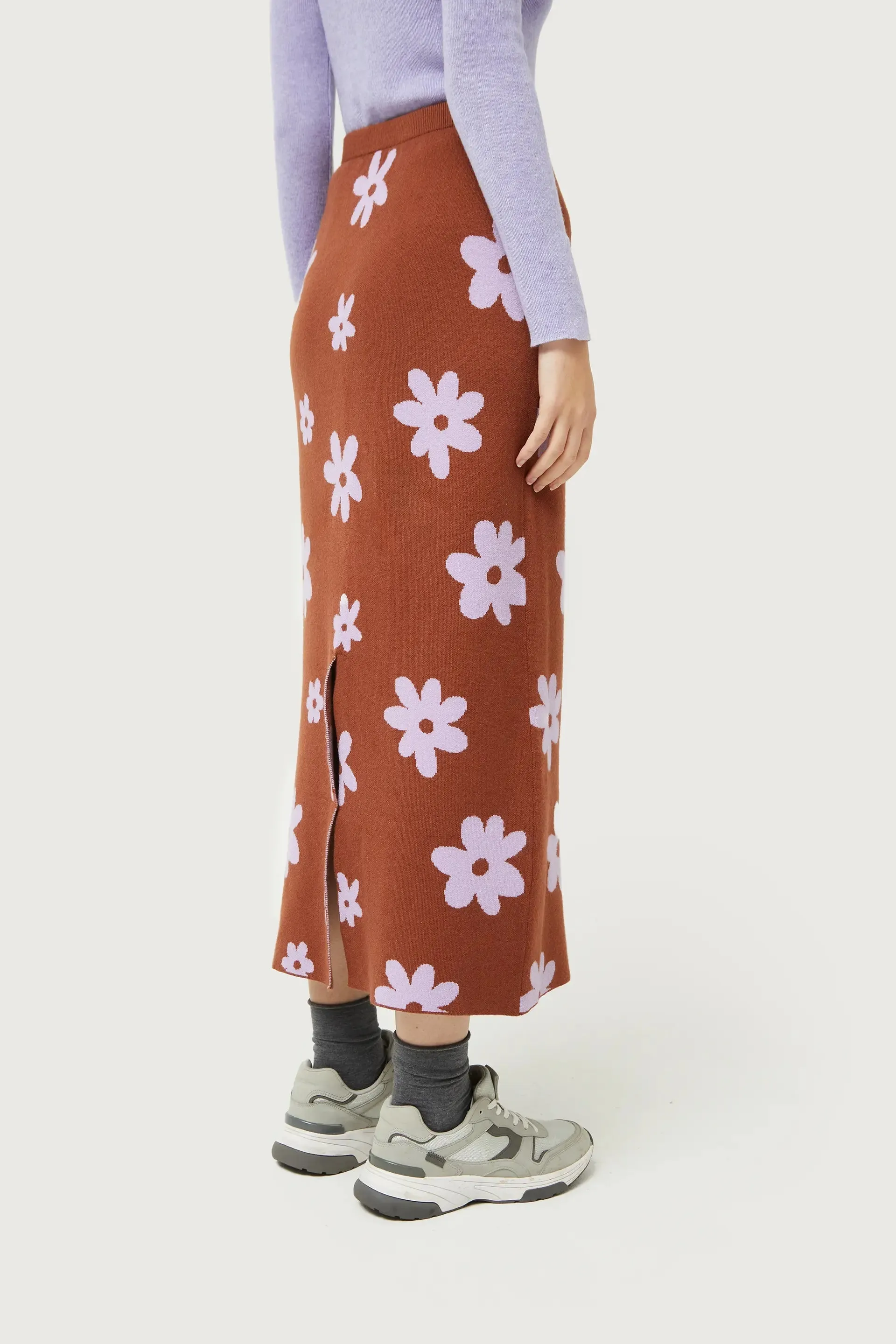 Brown Floral Print Knitted Jacquard Skirt
