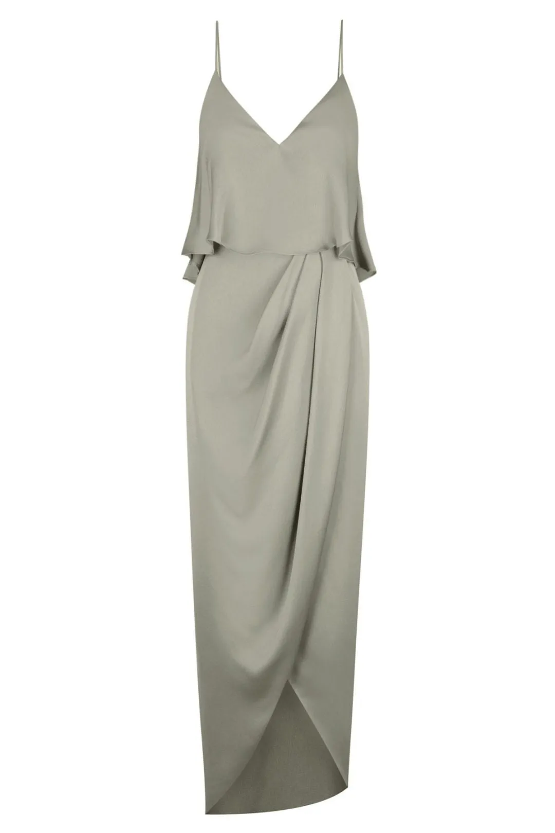 Cocktail Frill V Neck Midi Dress Khaki
