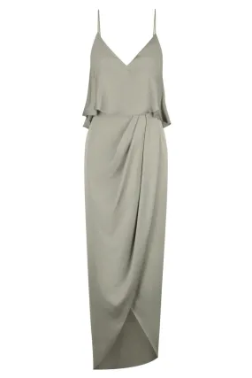 Cocktail Frill V Neck Midi Dress Khaki