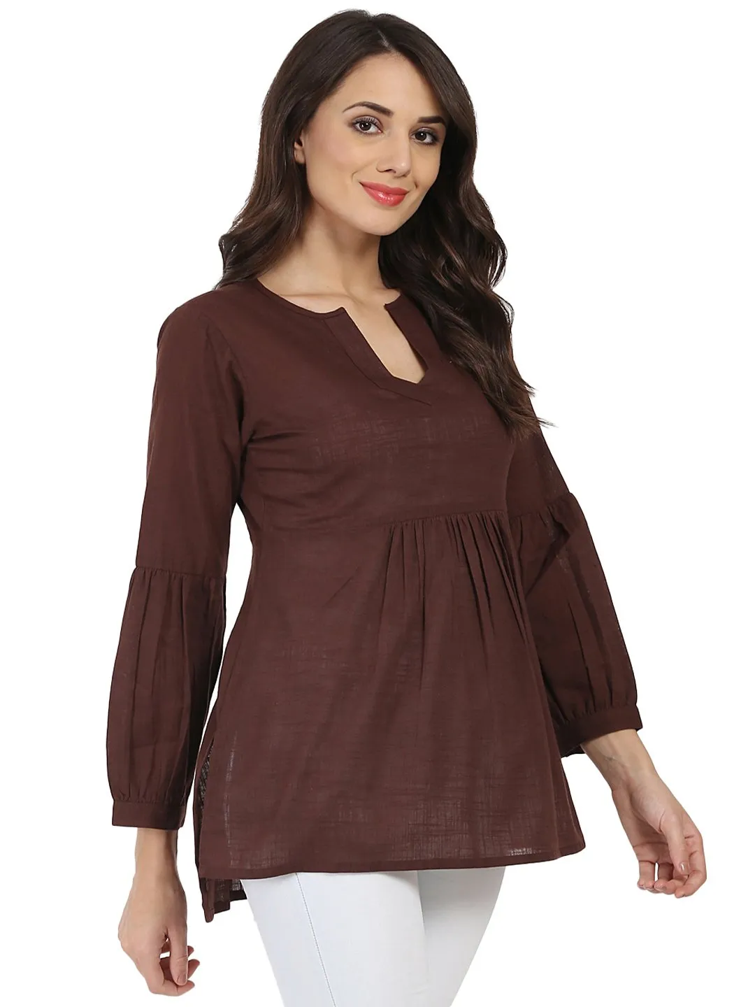 Coffee Brown 3/4Th Sleeve Cotton Slub Tunic