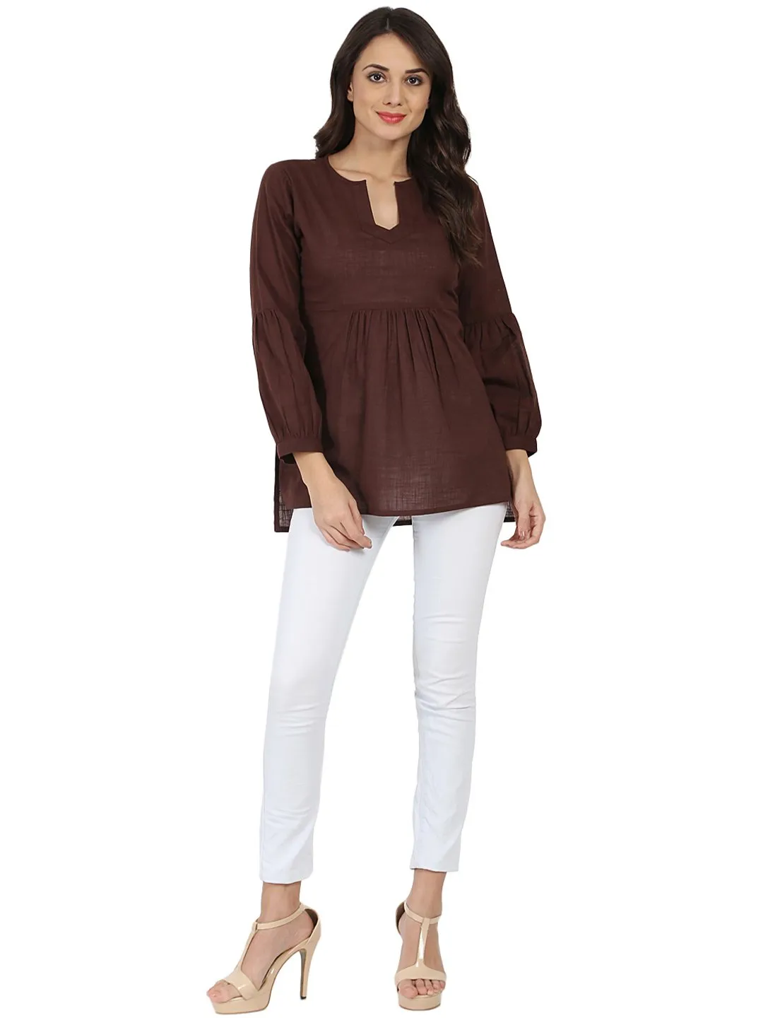 Coffee Brown 3/4Th Sleeve Cotton Slub Tunic