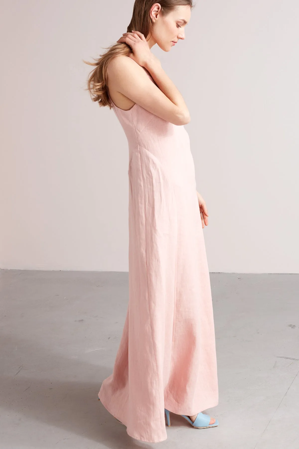 ELONA maxi linen summer dress in dusty pink