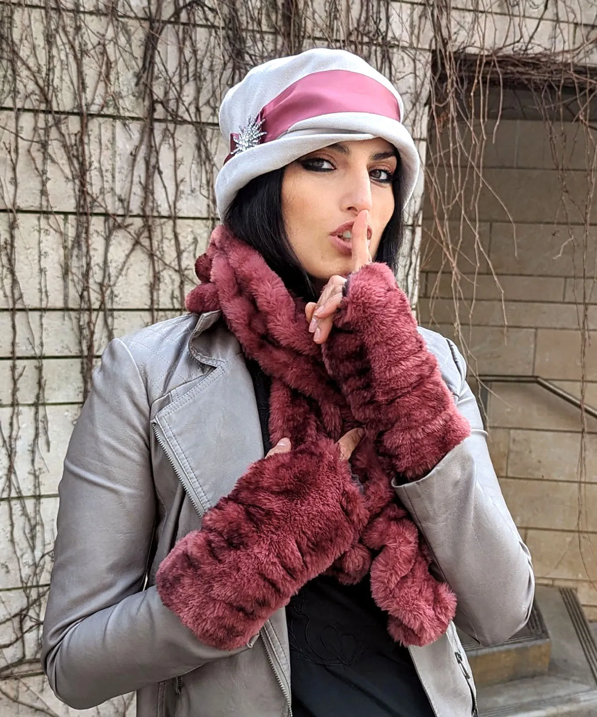 Fingerless / Texting Gloves (Mid-Length) - Royal Opulence Faux Furs (Merlot - Limited Availability)