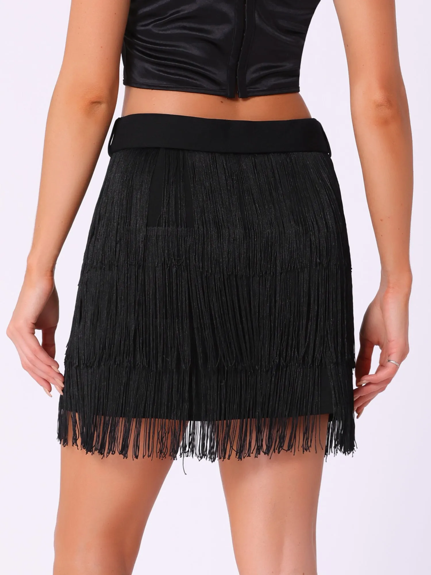 Fringe Tassel High Waist Belted Pencil Mini Skirt