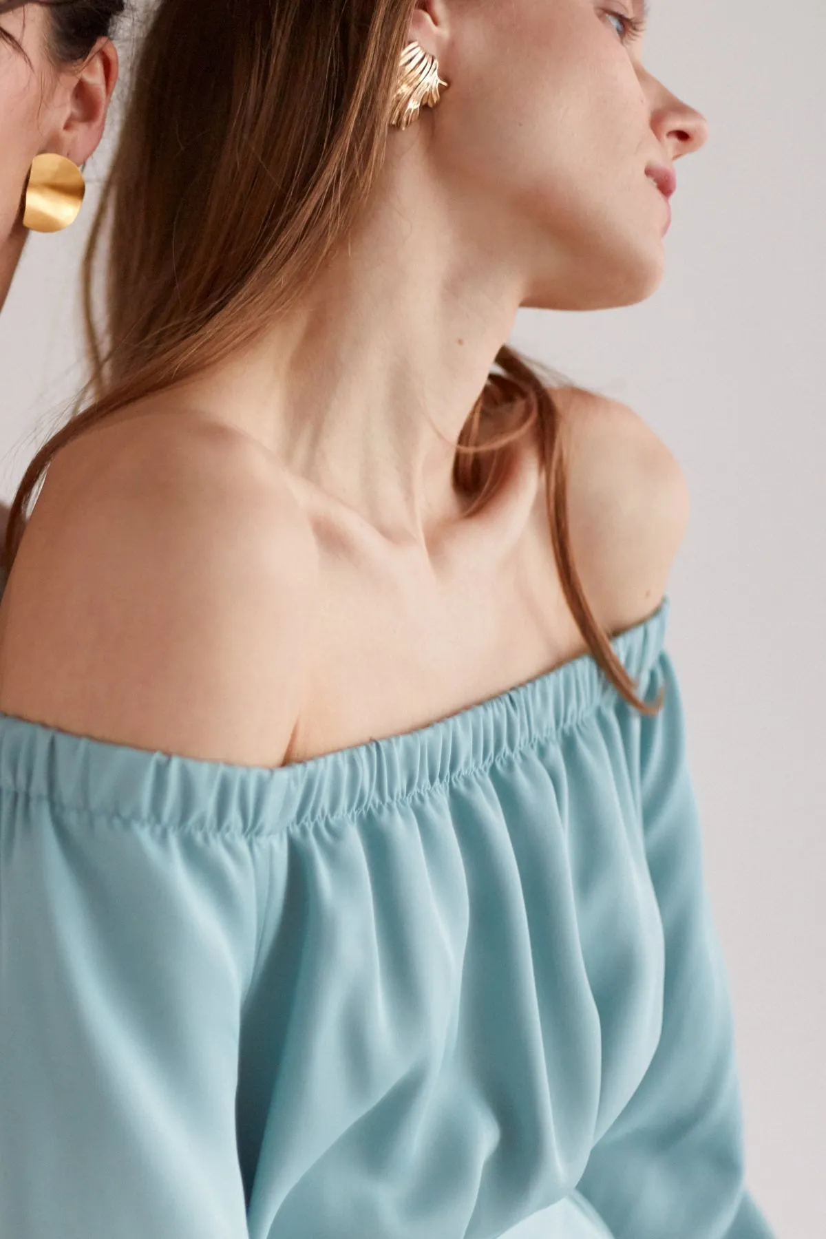 GOYA off shoulder maxi dress in dusty blue