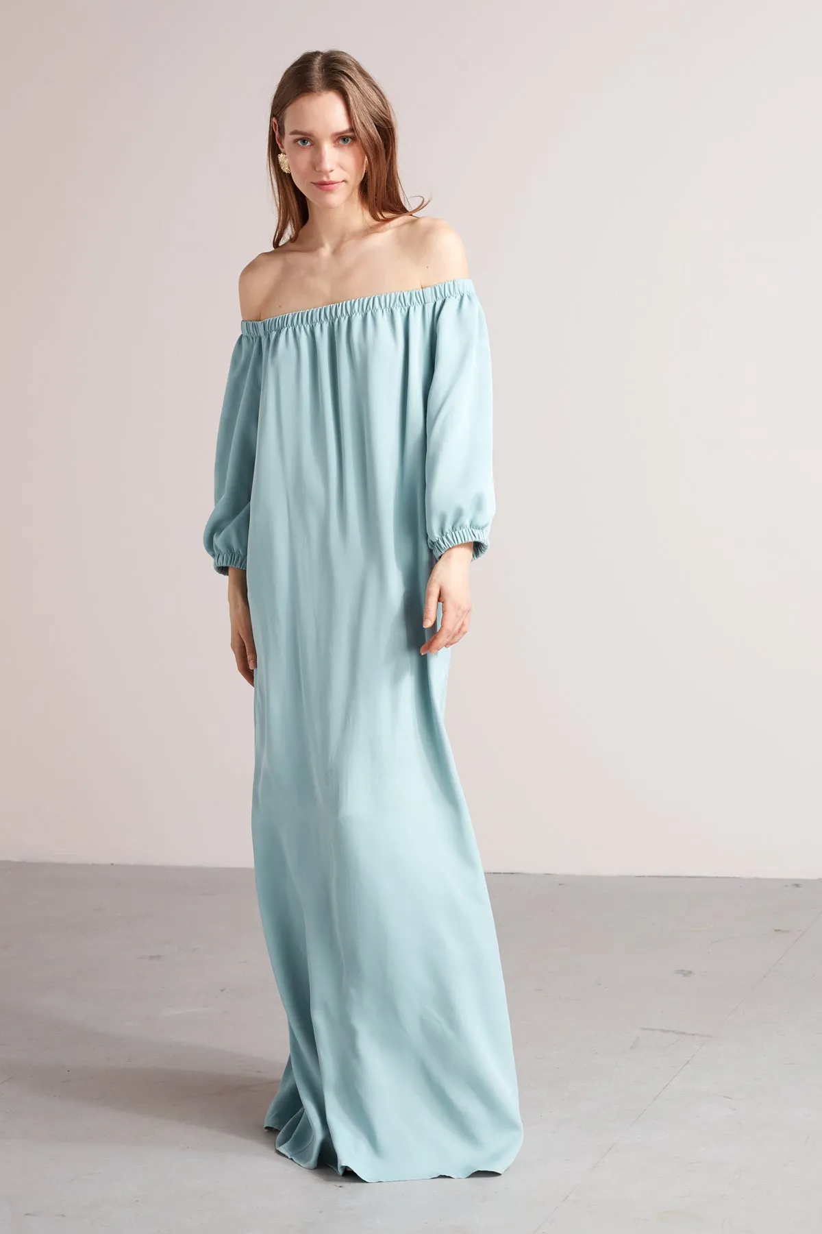 GOYA off shoulder maxi dress in dusty blue