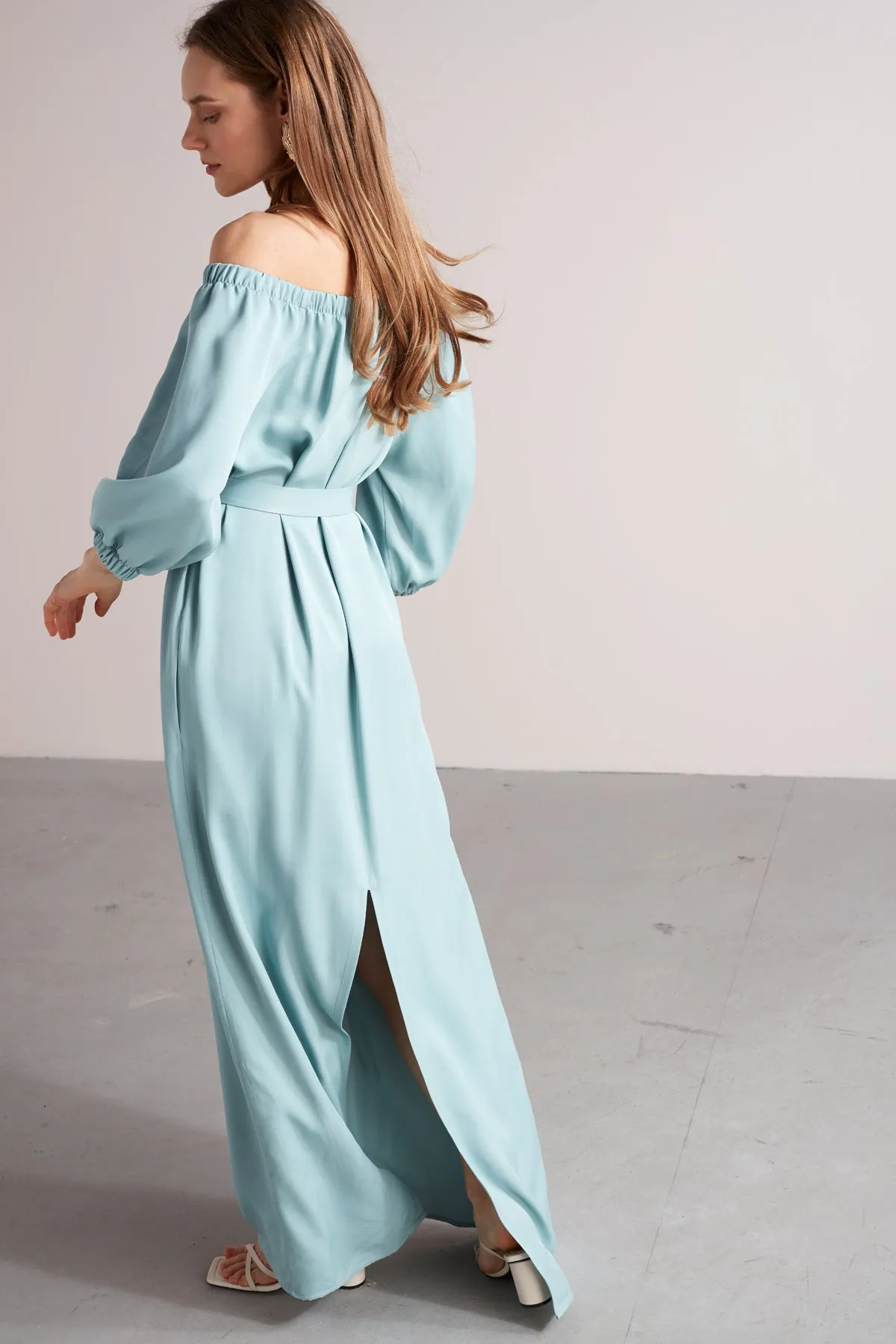 GOYA off shoulder maxi dress in dusty blue