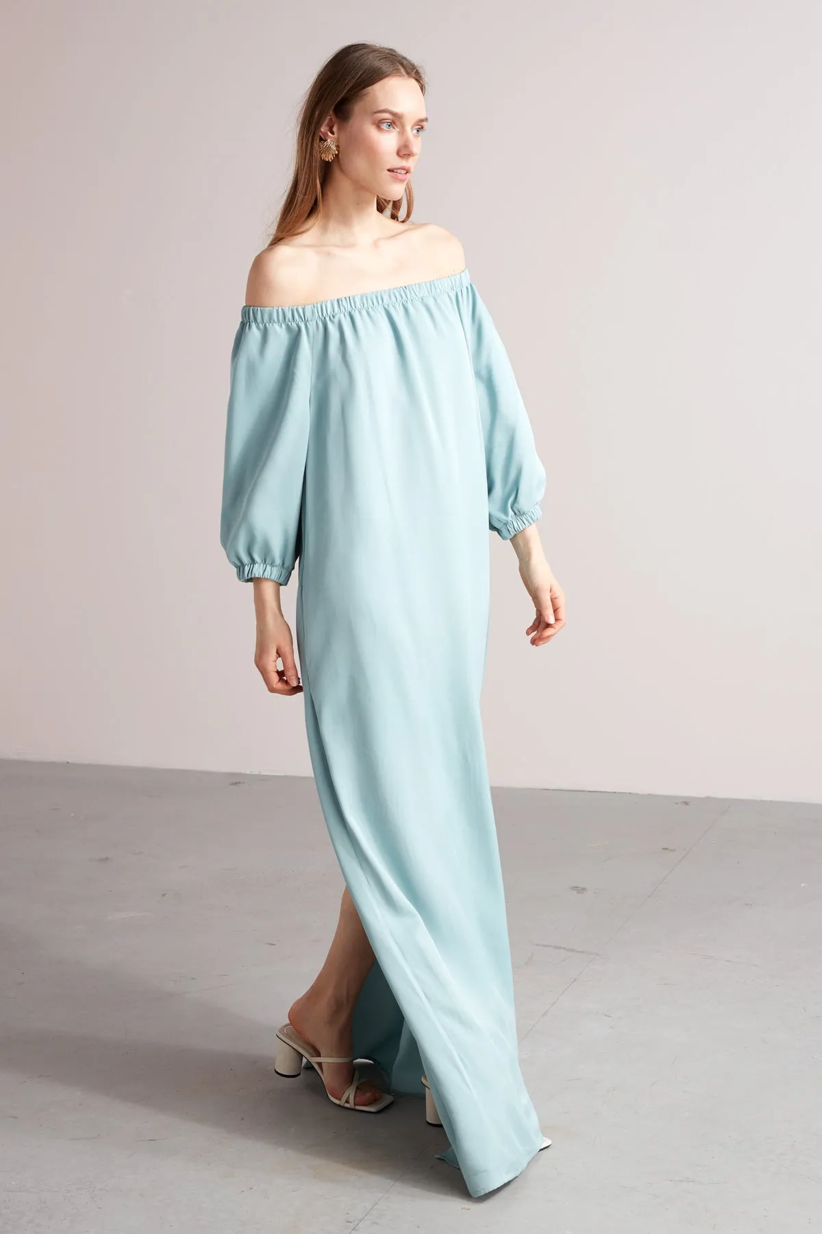 GOYA off shoulder maxi dress in dusty blue