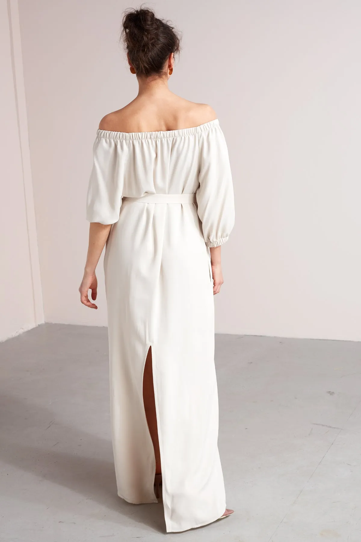 GOYA off shoulder maxi dress in pearl white