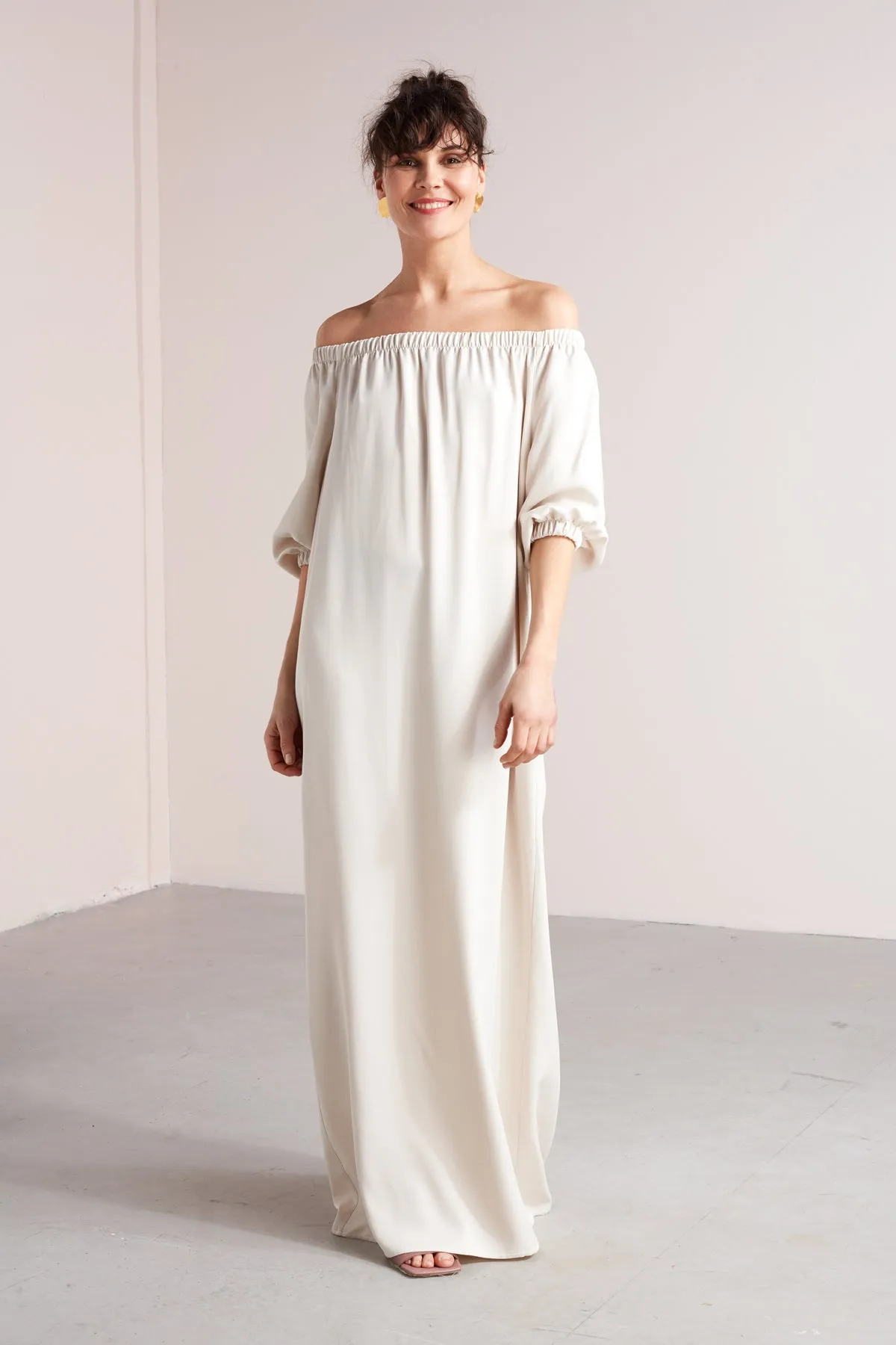 GOYA off shoulder maxi dress in pearl white