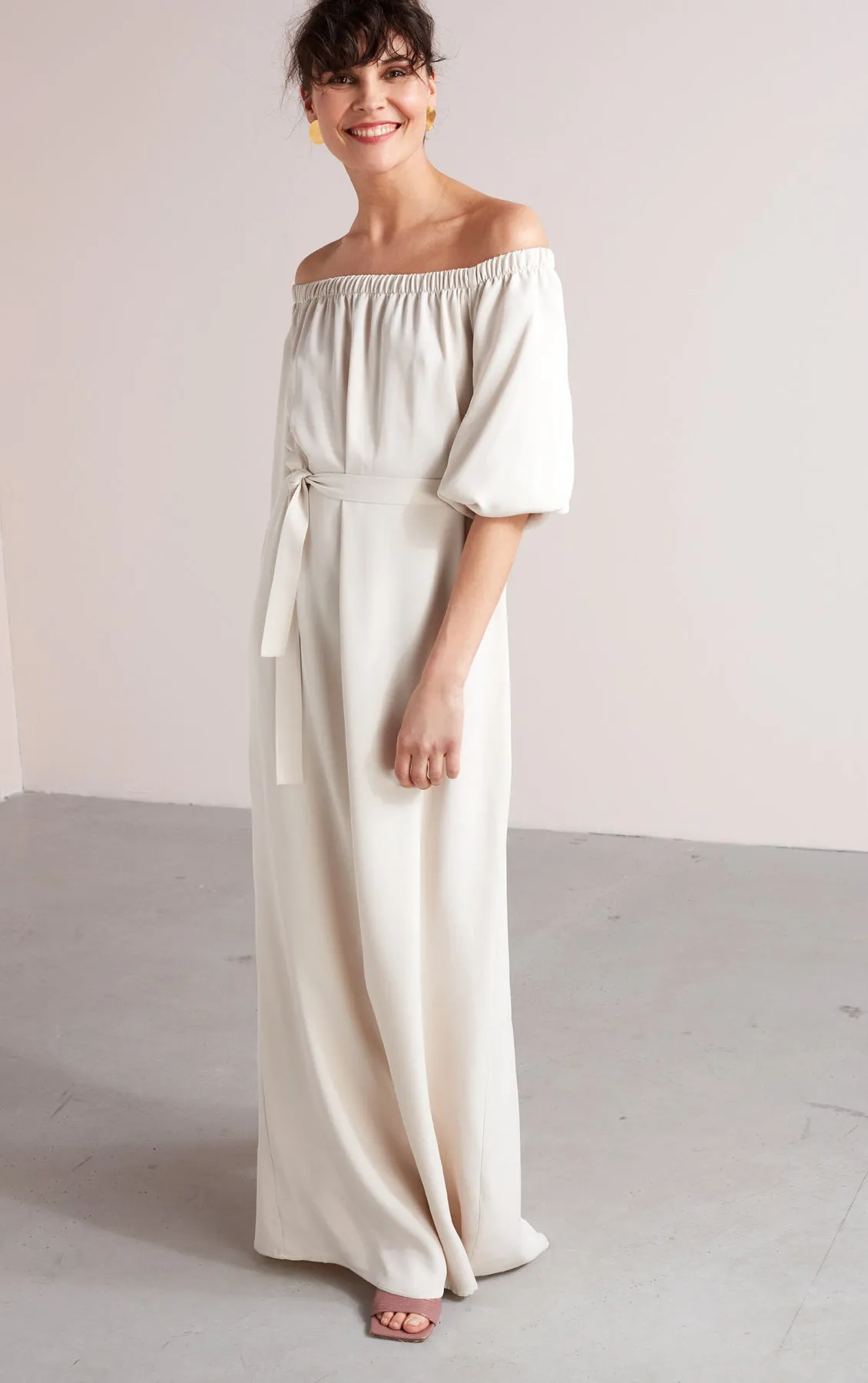 GOYA off shoulder maxi dress in pearl white