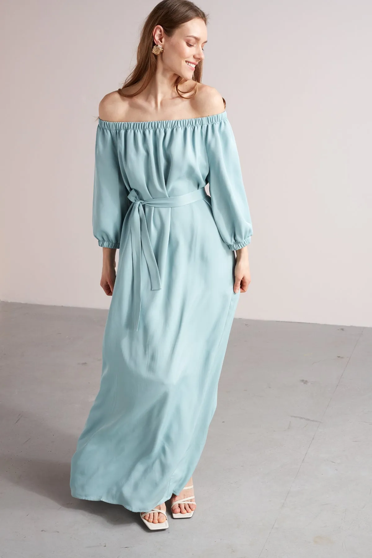 GOYA off shoulder maxi dress in pearl white