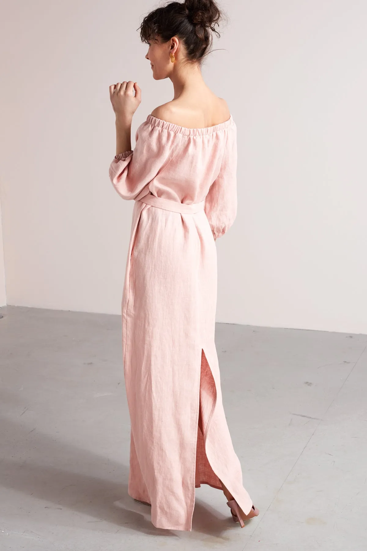 GOYA off shoulder maxi linen dress in dusty pink