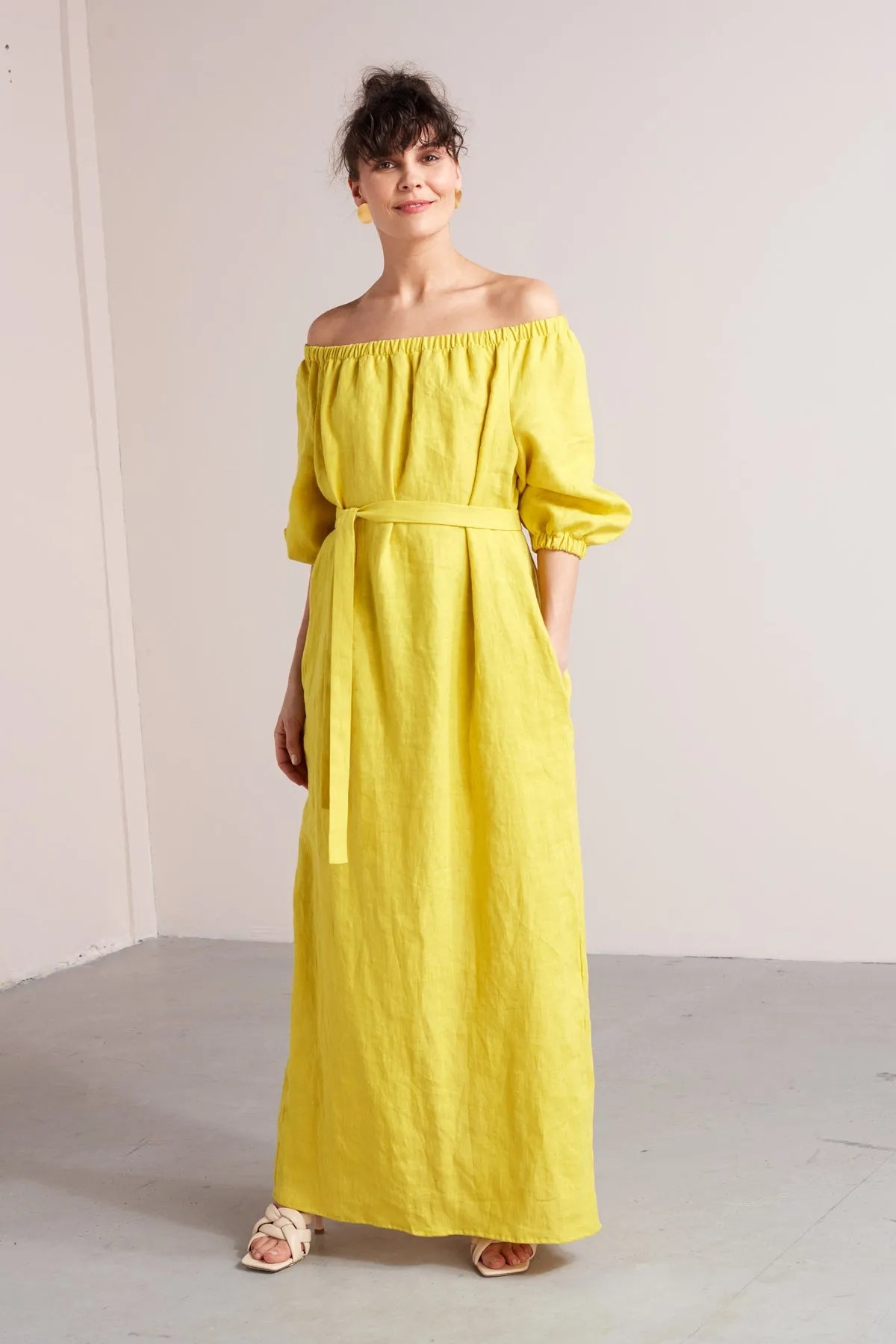 GOYA off shoulder maxi linen dress in dusty pink