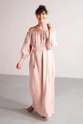 GOYA off shoulder maxi linen dress in dusty pink