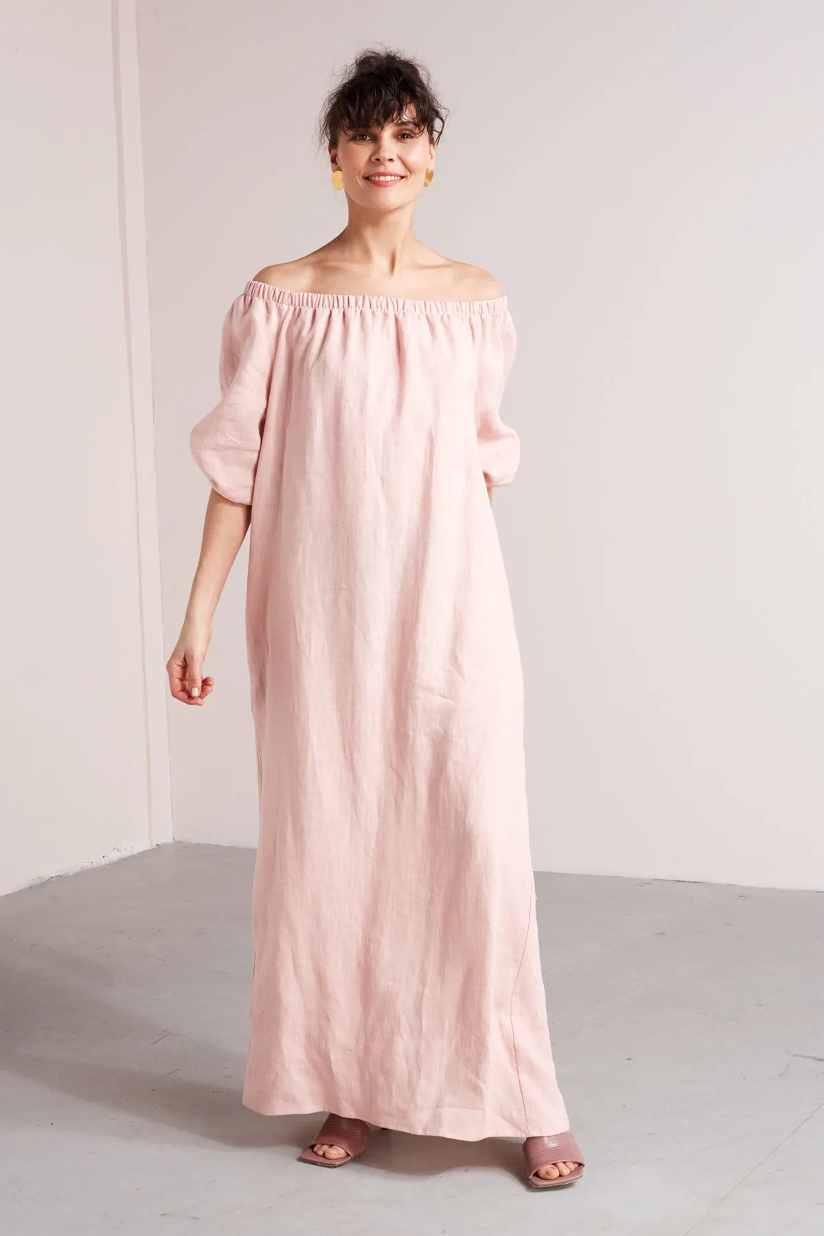 GOYA off shoulder maxi linen dress in dusty pink