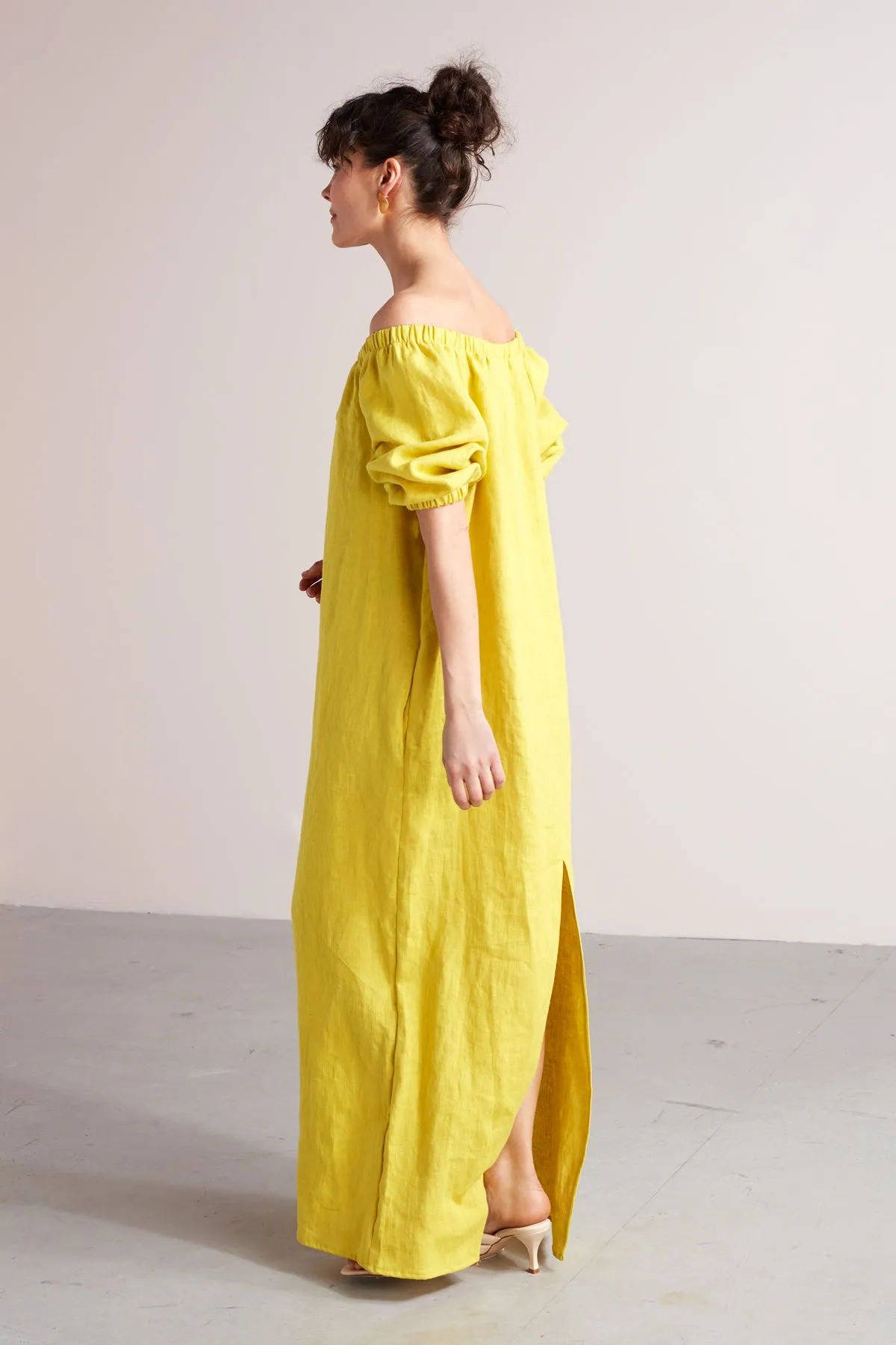 GOYA off shoulder maxi linen dress in lemon yellow