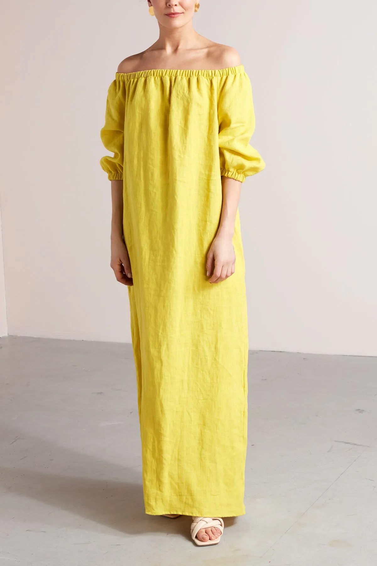 GOYA off shoulder maxi linen dress in lemon yellow