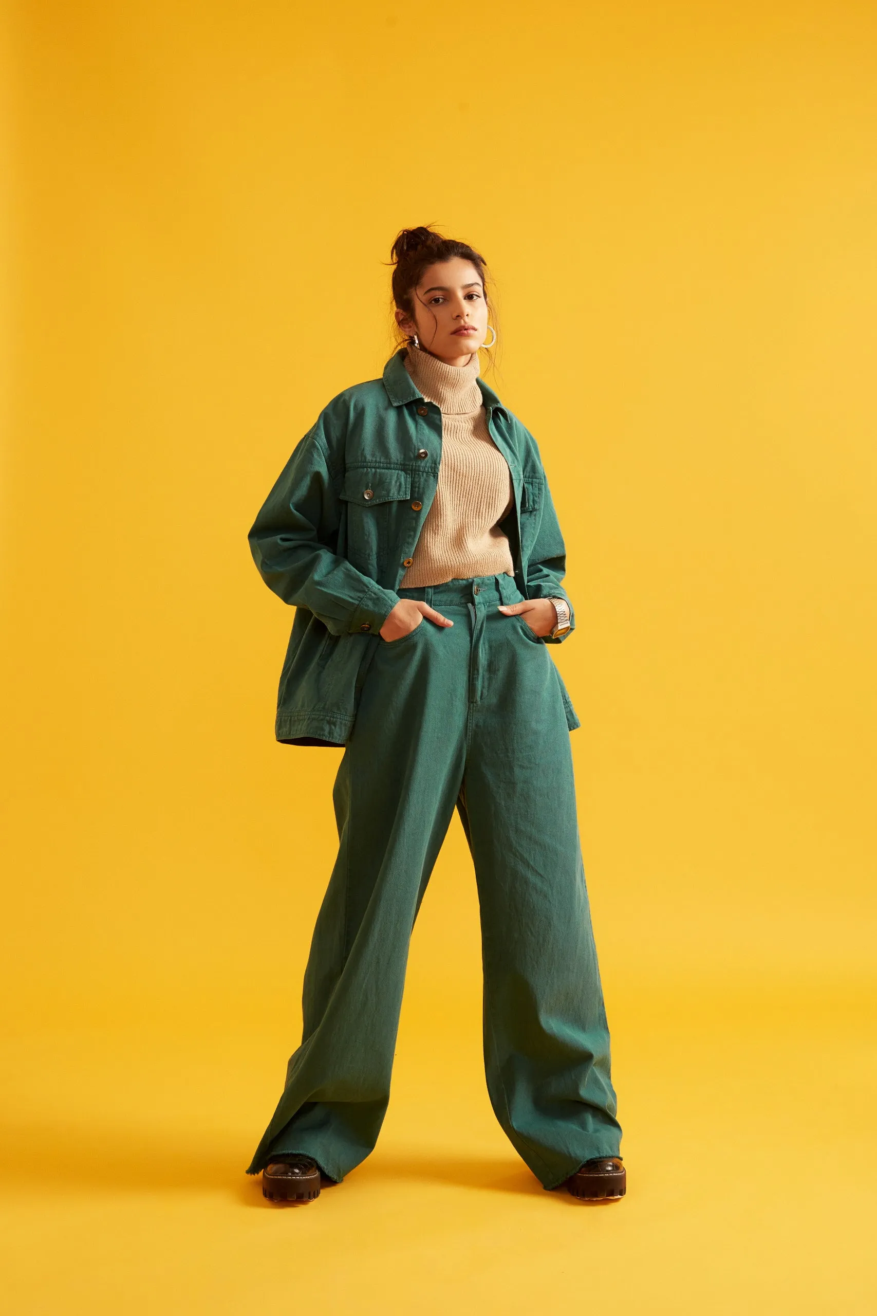 High Rise Flared Twill Pants for Women