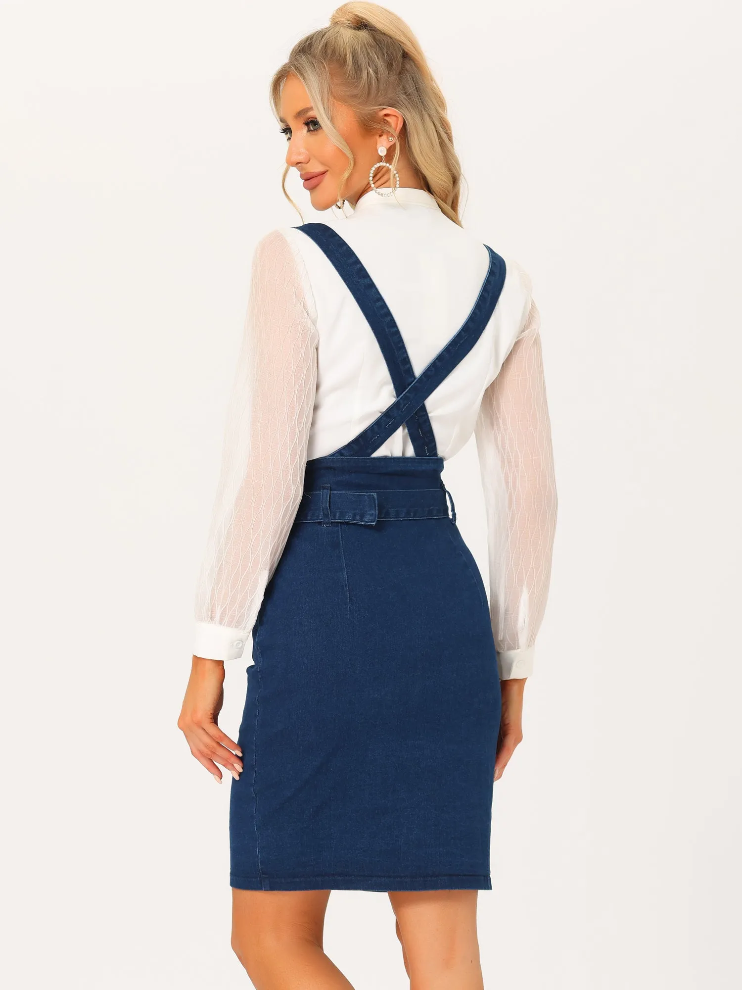 High Waist Button Front Belted Pencil Bodycon Suspender Skirt