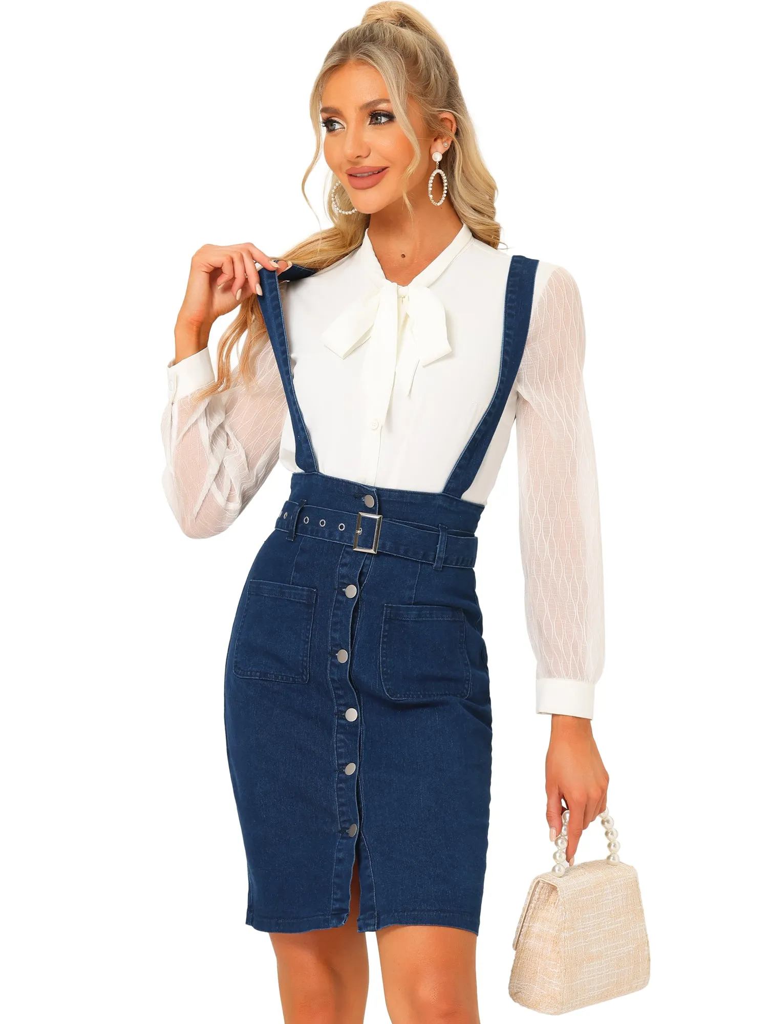 High Waist Button Front Belted Pencil Bodycon Suspender Skirt