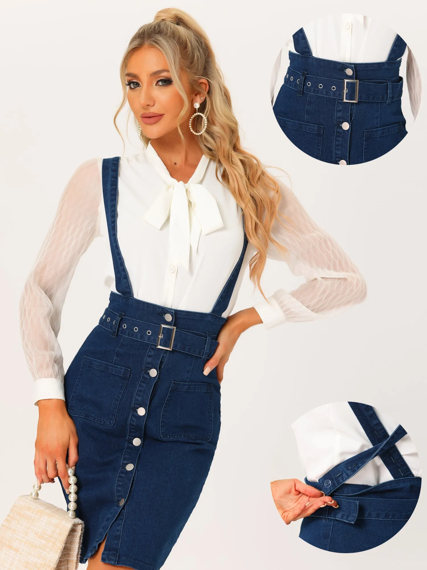 High Waist Button Front Belted Pencil Bodycon Suspender Skirt