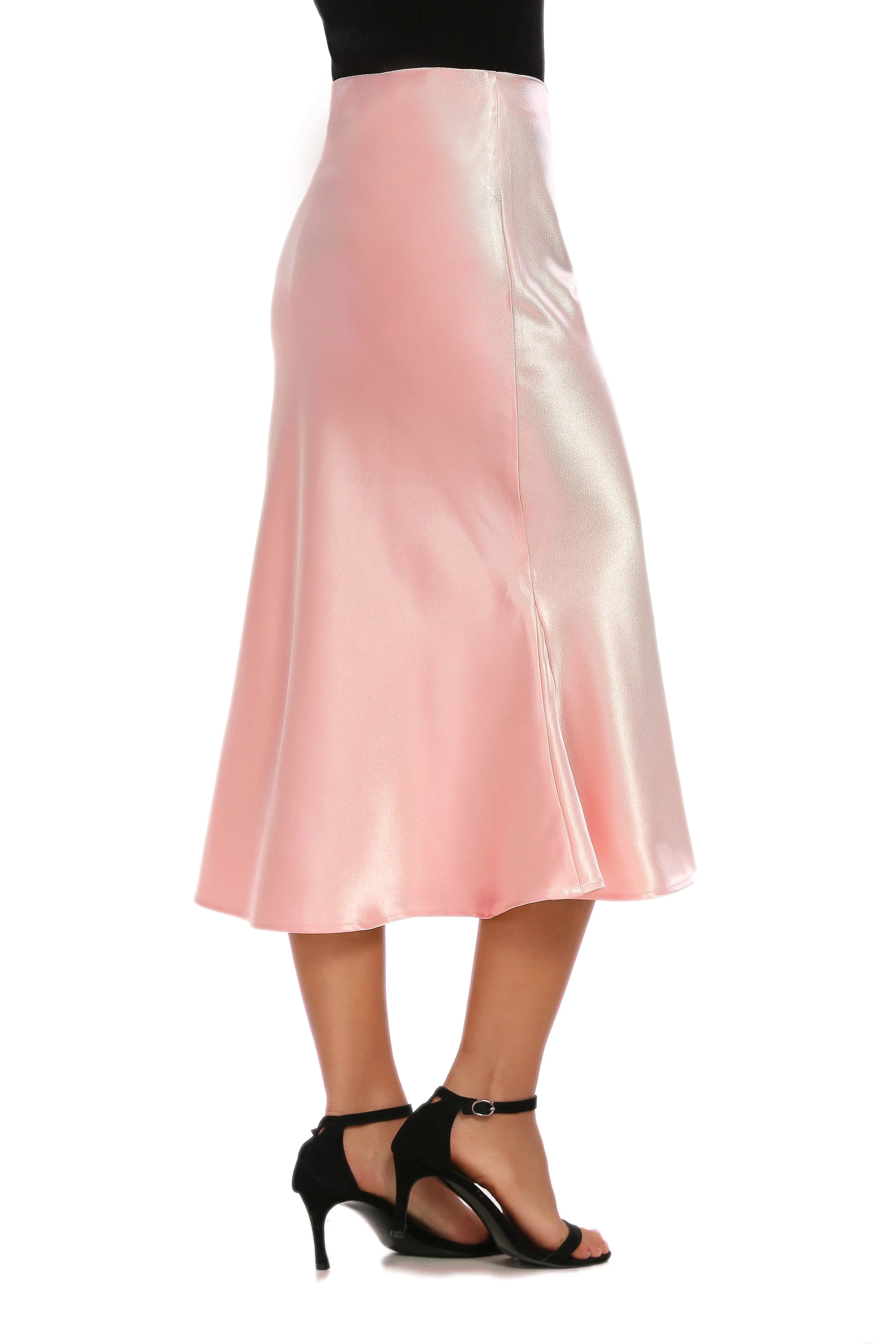 High Waist Silky Satin Fishtail Midi Skirt Rose