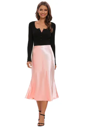 High Waist Silky Satin Fishtail Midi Skirt Rose