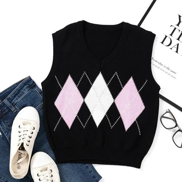 Knitted Vest Vangull Argyle Fashion  Women Casual Korean Pullover Elasticity Sweater Spring Autumn Sleeveless V-Neck Tank Tops