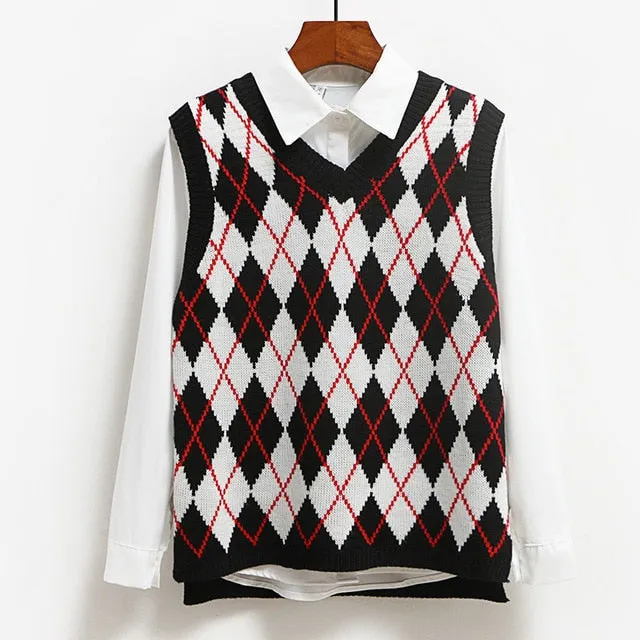 Knitted Vest Vangull Argyle Fashion  Women Casual Korean Pullover Elasticity Sweater Spring Autumn Sleeveless V-Neck Tank Tops
