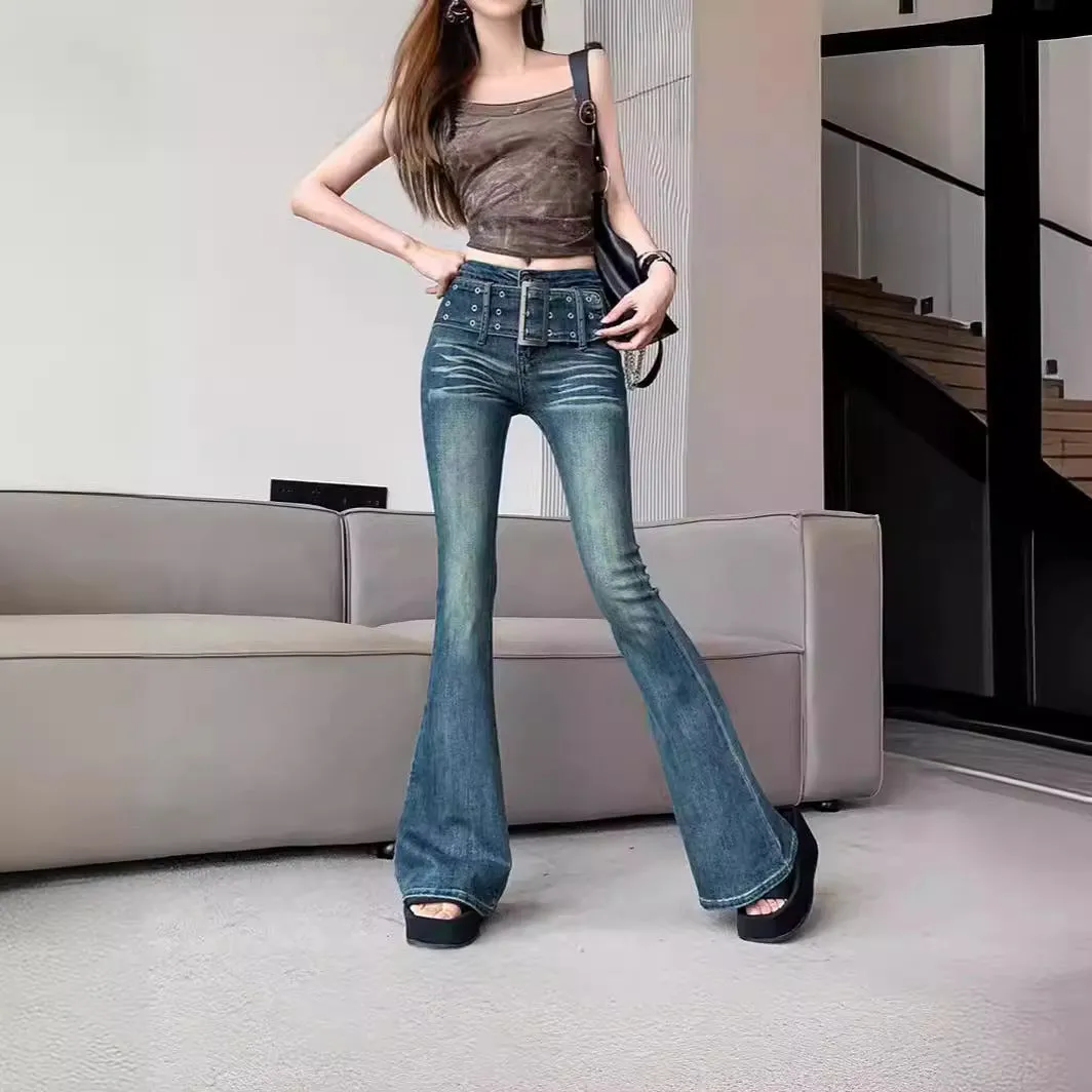 Lanfubeisi y2k outfits Retro Gradient Color Micro Flared Jeans Women's Autumn American High Waist Stretch Slim Horseshoe Mopping Pants