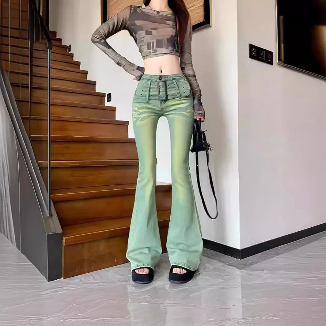 Lanfubeisi y2k outfits Retro Gradient Color Micro Flared Jeans Women's Autumn American High Waist Stretch Slim Horseshoe Mopping Pants