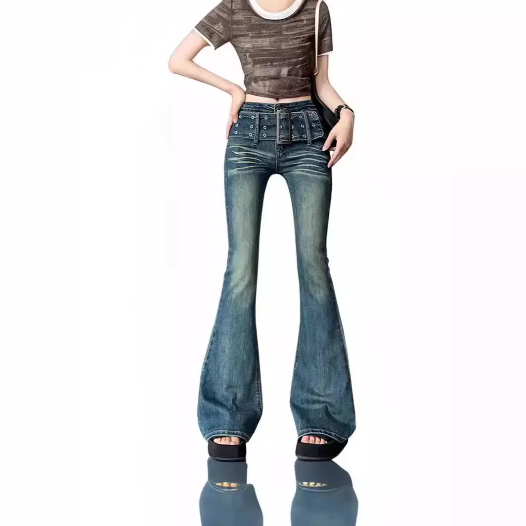 Lanfubeisi y2k outfits Retro Gradient Color Micro Flared Jeans Women's Autumn American High Waist Stretch Slim Horseshoe Mopping Pants