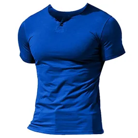 Muscle Alive Uomo Henleys Casuale Manica Corta Maglietta Singolo Pulsante abbottonatura Plain v Neck Camicie in Cotone Blu 2XL