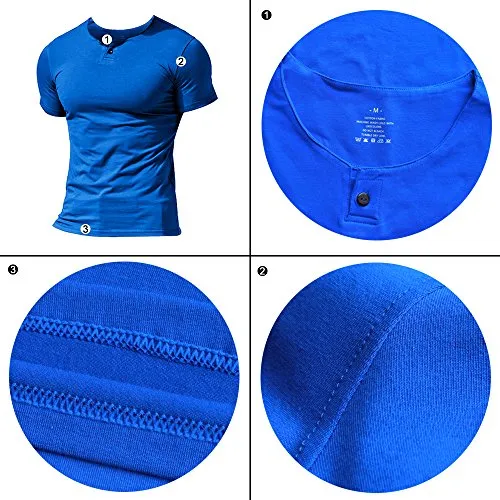 Muscle Alive Uomo Henleys Casuale Manica Corta Maglietta Singolo Pulsante abbottonatura Plain v Neck Camicie in Cotone Blu 2XL