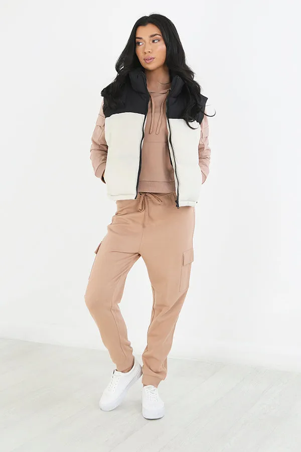 STONE/BLACK HIGH NECK COLOUR BLOCK GILET