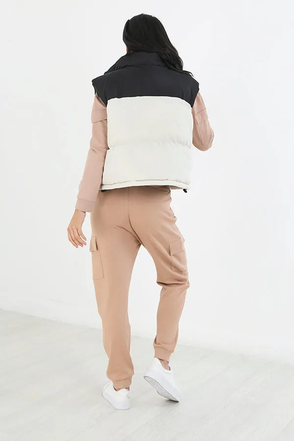 STONE/BLACK HIGH NECK COLOUR BLOCK GILET