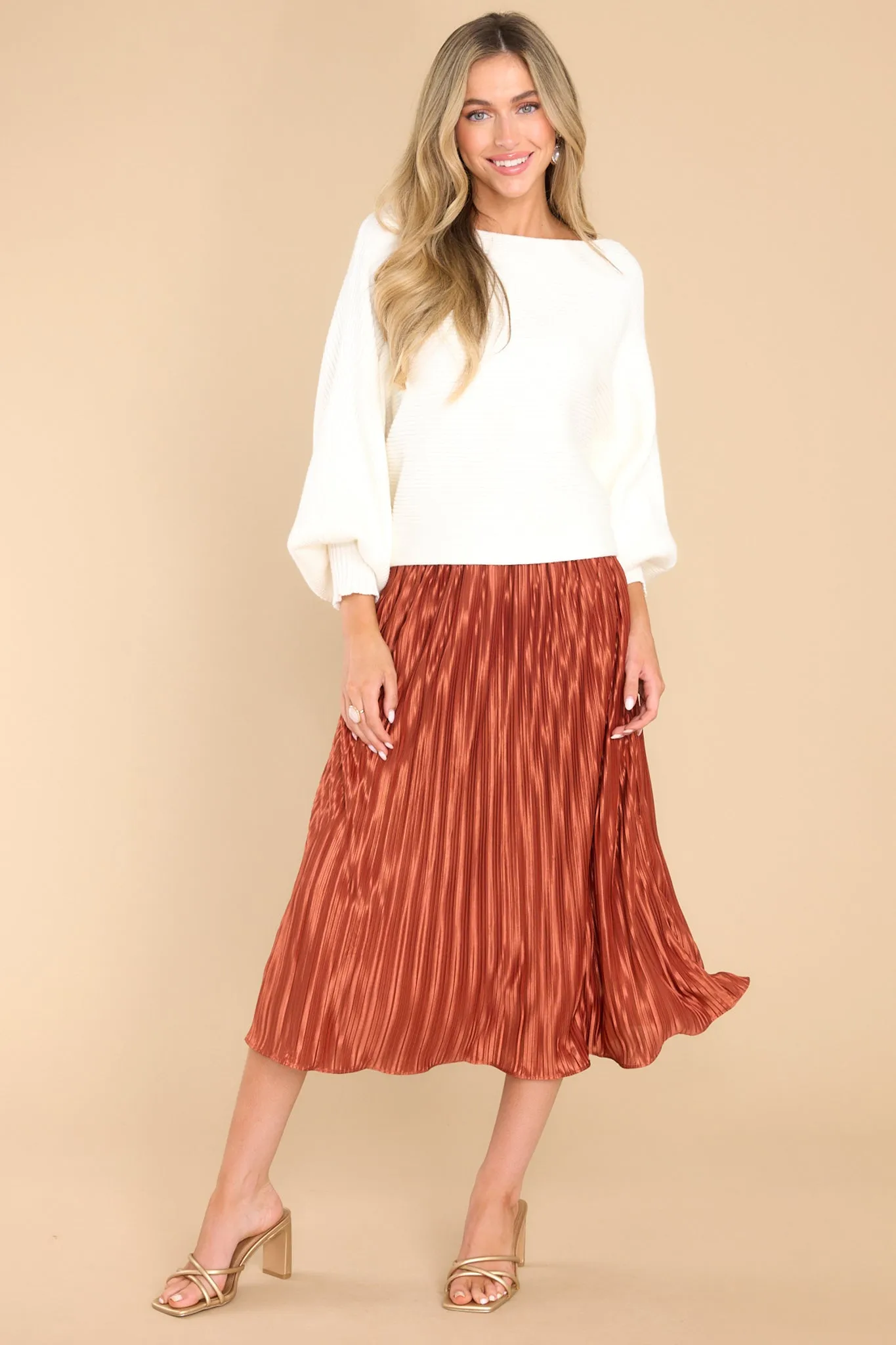 Try And Try Again Golden Orange Pleated Midi Skirt