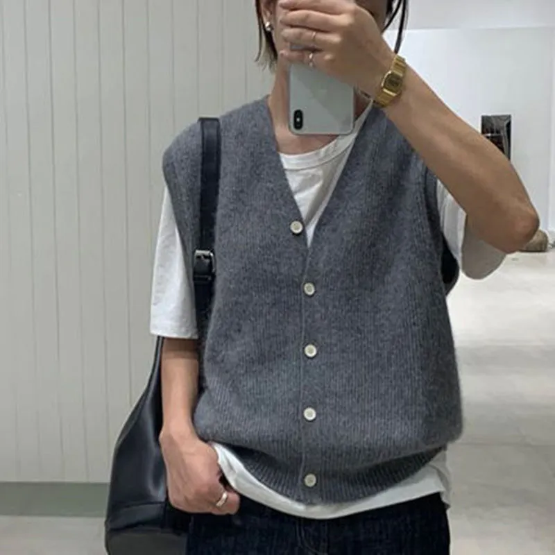 Wjczt men’s fashion Knitwear for Women Spring and Autumn New Women's Knitted Vest Korean Style V-neck Sleeveless Loose Casual Stacked Sweater Vest for Women