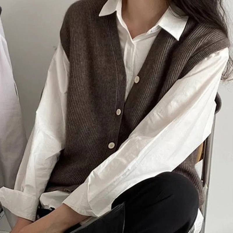 Wjczt men’s fashion Knitwear for Women Spring and Autumn New Women's Knitted Vest Korean Style V-neck Sleeveless Loose Casual Stacked Sweater Vest for Women