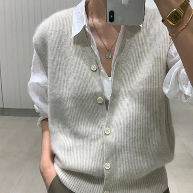 Wjczt men’s fashion Knitwear for Women Spring and Autumn New Women's Knitted Vest Korean Style V-neck Sleeveless Loose Casual Stacked Sweater Vest for Women